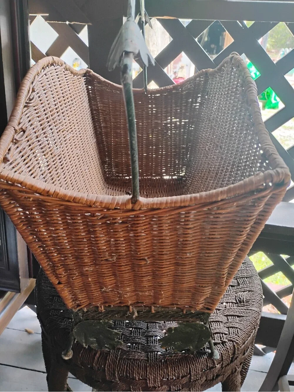 Vintage Wicker Basket with Metal Leaf Detail